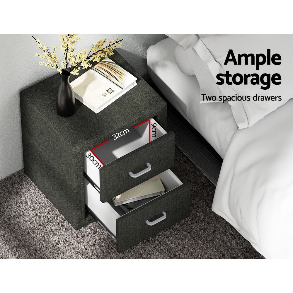 2X Bedside Table 2 Drawers Fabric - CADEN Charcoal with two spacious drawers and linen texture next to bed on carpet