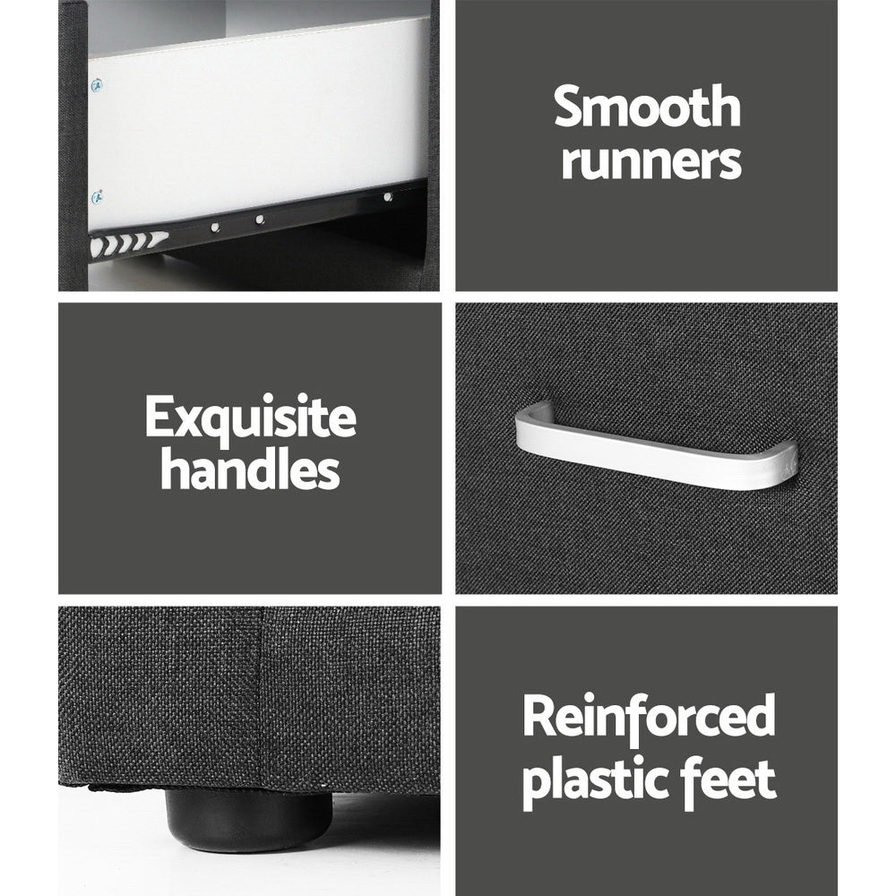 2X Bedside Table 2 Drawers Fabric - CADEN Charcoal close-up of smooth runners, metal handles, and reinforced plastic feet in charcoal fabric