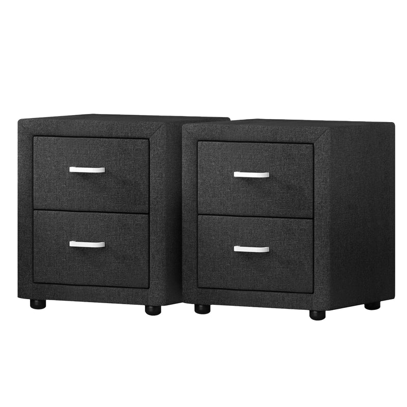 2X Bedside Table 2 Drawers Fabric - CADEN Charcoal twin pack with linen fabric and silver handles, modern bedroom furniture by Bedzy