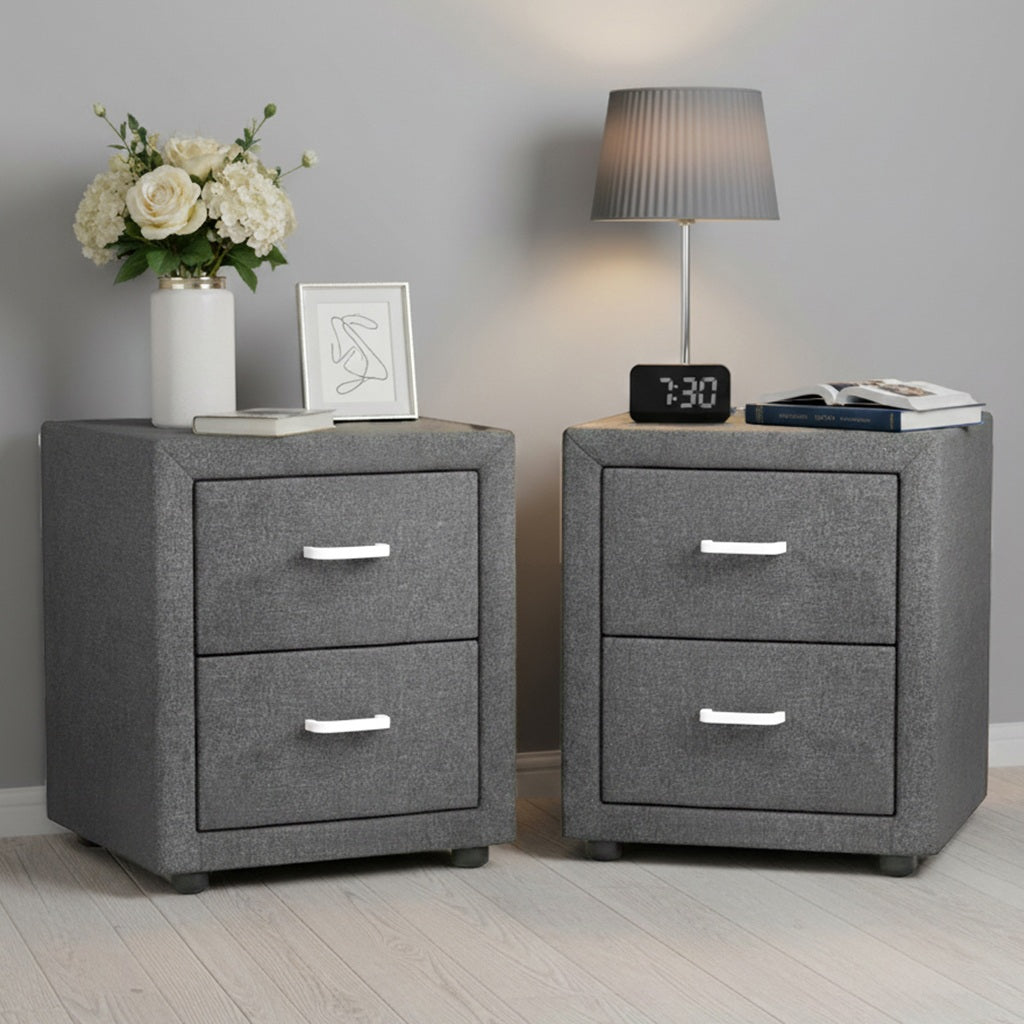 2X Bedside Table 2 Drawers Side Table Fabric - CADEN Grey twin pack with white handles, lamp, clock, and decorative items