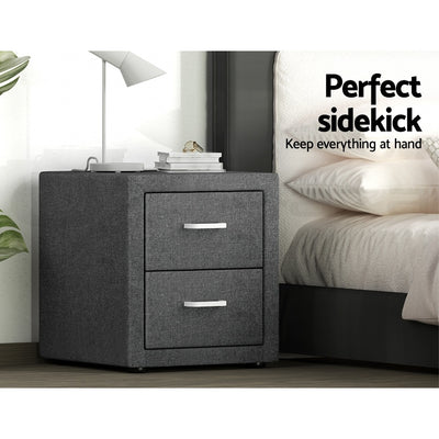 2X Bedside Table 2 Drawers Side Table Fabric - CADEN Grey twin pack with metal handles in bedroom setting near bed