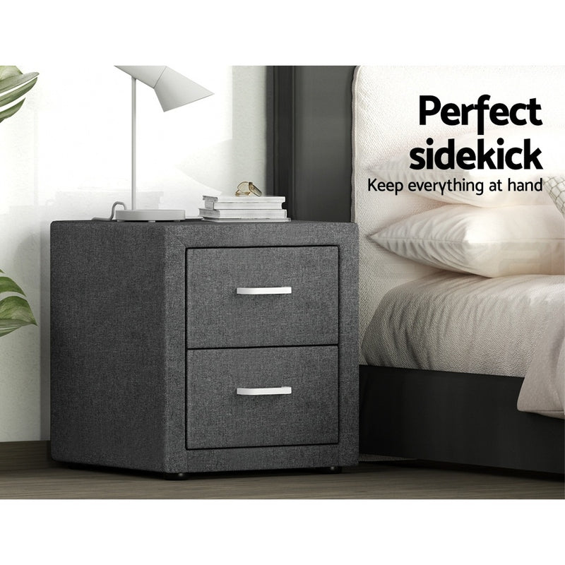 2X Bedside Table 2 Drawers Side Table Fabric - CADEN Grey twin pack with metal handles in bedroom setting near bed