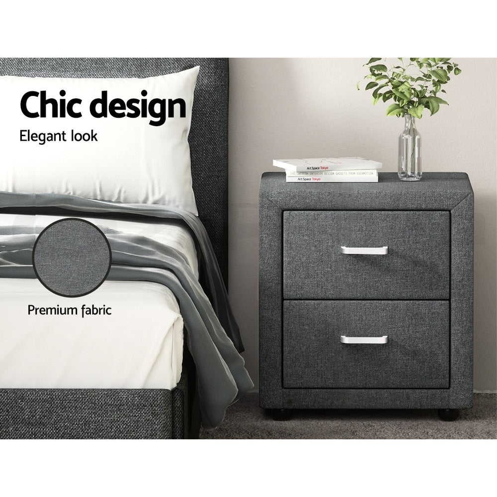 2X Bedside Table 2 Drawers Side Table Fabric - CADEN Grey with premium fabric, metal handles, and modern bedroom furniture design