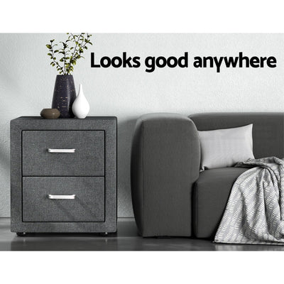 2X Bedside Table 2 Drawers Side Table Fabric - CADEN Grey next to gray sofa with decorative vases on top