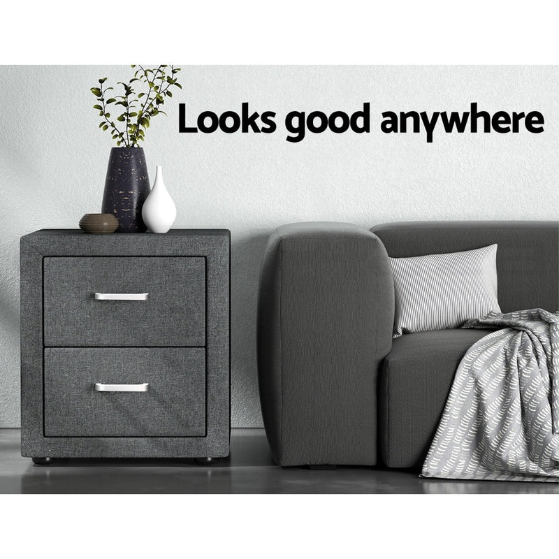 2X Bedside Table 2 Drawers Side Table Fabric - CADEN Grey next to gray sofa with decorative vases on top