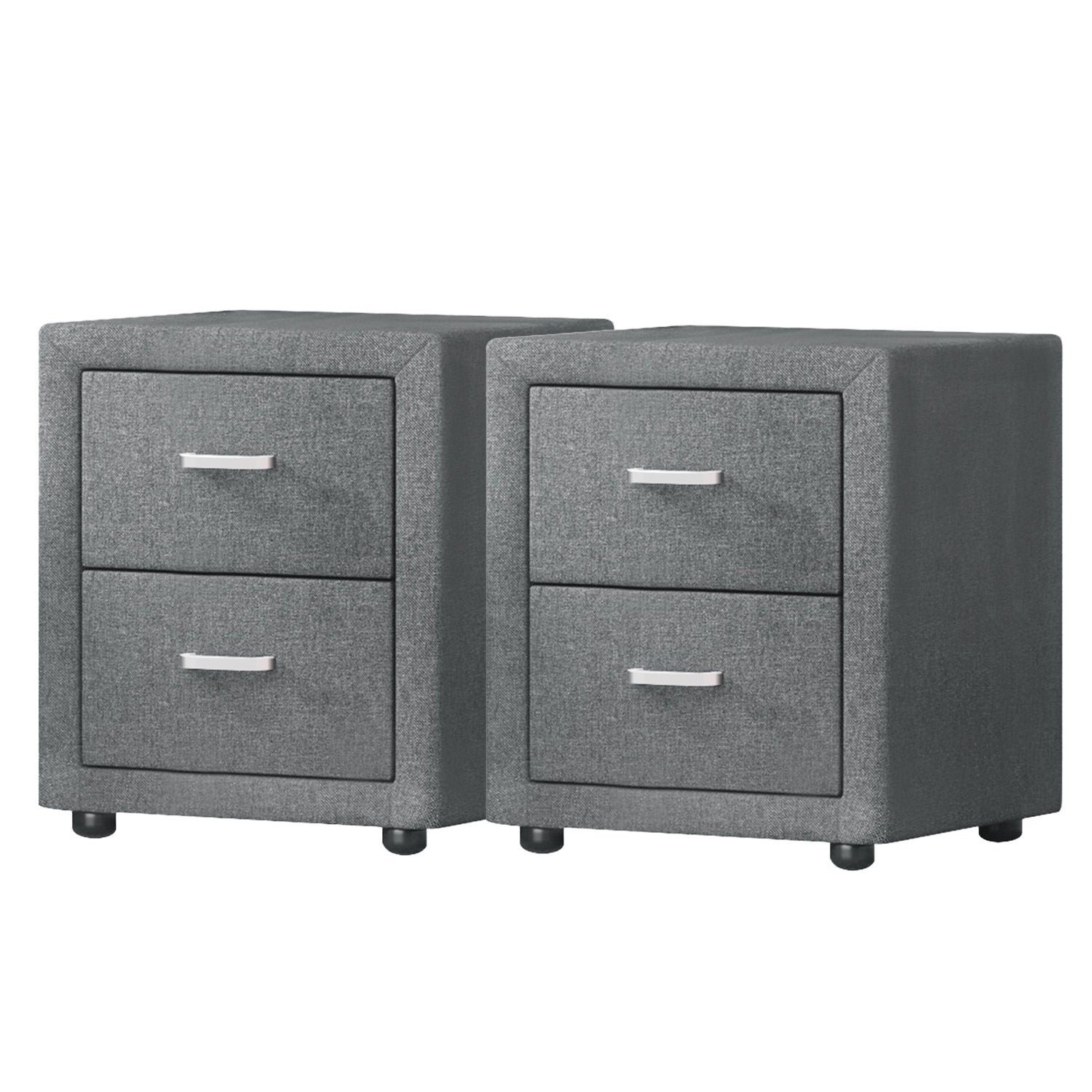 2X Bedside Table 2 Drawers Side Table Fabric - CADEN Grey twin pack with fabric upholstery and silver handles on low legs