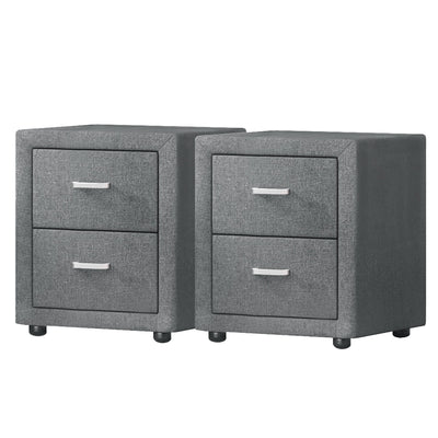 2X Bedside Table 2 Drawers Side Table Fabric - CADEN Grey twin pack with fabric upholstery and silver handles on low legs