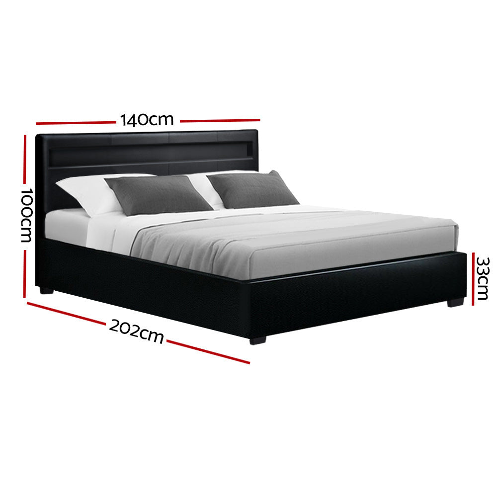 Wanda Double Gas Lift Storage Bed Frame with LED Lights – Black, shown with pillows and bed linen, dimensions indicated