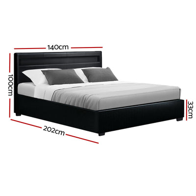 Wanda Double Gas Lift Storage Bed Frame with LED Lights – Black, shown with pillows and bed linen, dimensions indicated