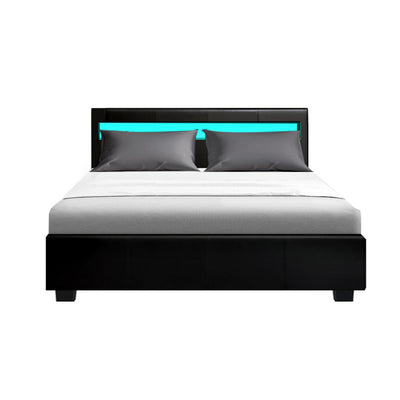Wanda Double Gas Lift Storage Bed Frame with LED Lights – Black, modern black bed with blue LED headboard lighting and grey pillows