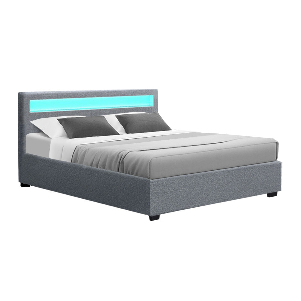 Wanda Queen Gas Lift Storage Bed Frame with LED Lights – Grey upholstered bed with lighting on headboard and bedding included