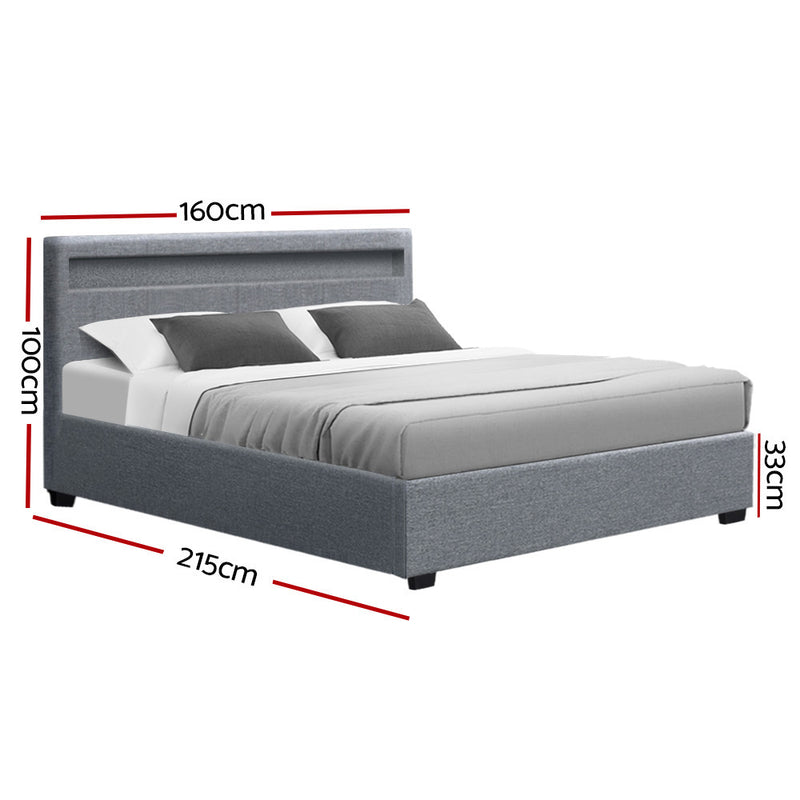 Wanda Queen Gas Lift Storage Bed Frame with LED Lights – Grey, modern upholstered bed with dimensions shown, pillows and bedding included
