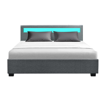 Wanda Queen Gas Lift Storage Bed Frame with LED Lights – Grey upholstered bed with illuminated headboard and gray bedding