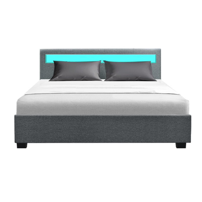 Wanda Queen Gas Lift Storage Bed Frame with LED Lights – Grey upholstered bed with illuminated headboard and gray bedding