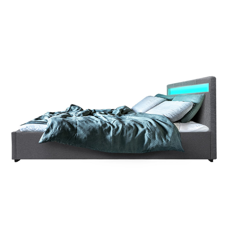 Wanda Queen Gas Lift Storage Bed Frame with LED Lights – Grey, upholstered with teal bedding and illuminated headboard