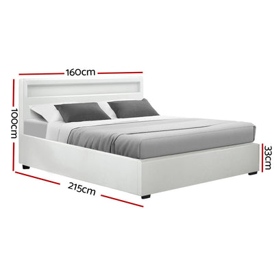 Wanda Queen Gas Lift Storage Bed Frame with LED Lights – White, shown with gray bedding and dimensions labeled