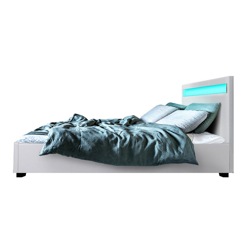 Wanda Queen Gas Lift Storage Bed Frame with LED Lights – White with blue LED strip and textured bedding on white background