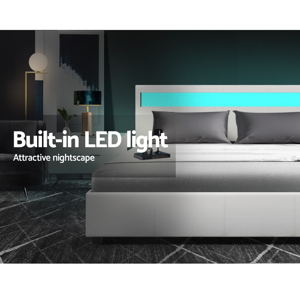 Wanda Queen Gas Lift Storage Bed Frame with LED Lights – White
