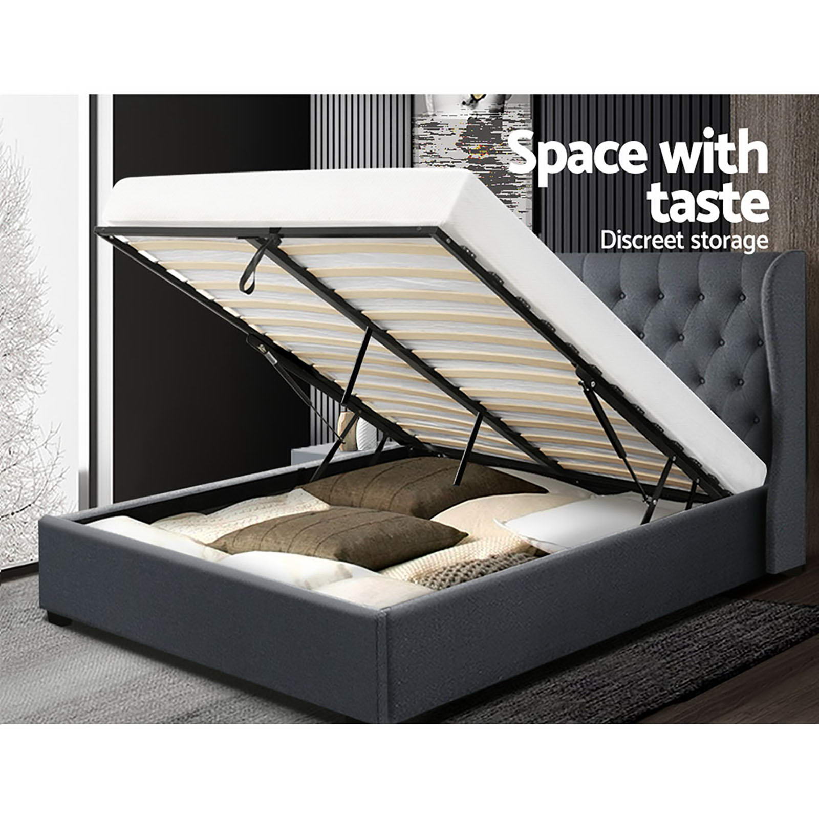 Elouera King Frame With Gas Lift Storage Charcoal