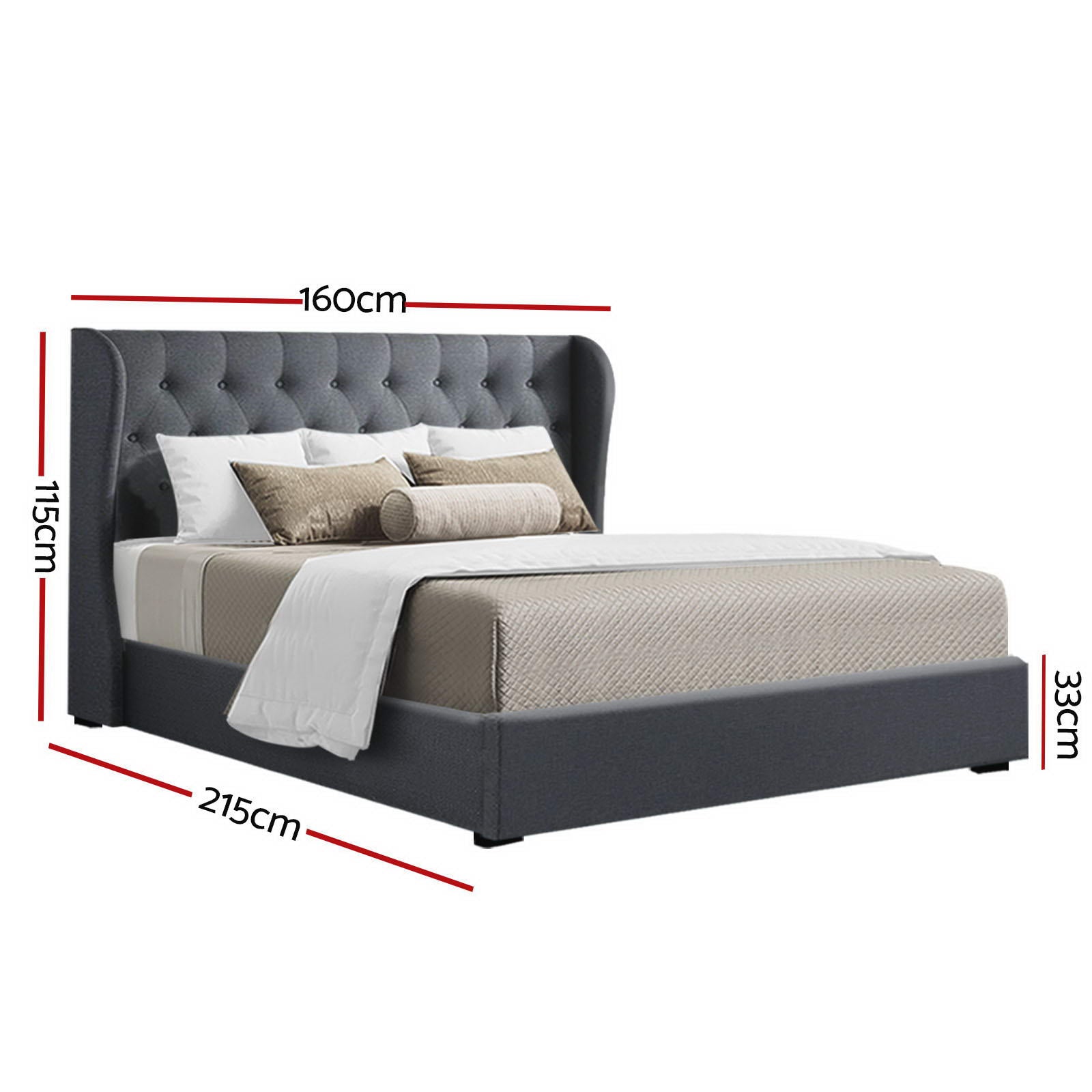 Elouera Queen Bed Frame With Gas Lift Storage Charcoal featuring tufted headboard and padded faux linen upholstery with dimensions shown