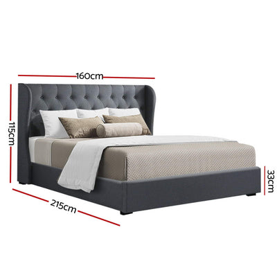 Elouera Queen Bed Frame With Gas Lift Storage Charcoal featuring tufted headboard and padded faux linen upholstery with dimensions shown