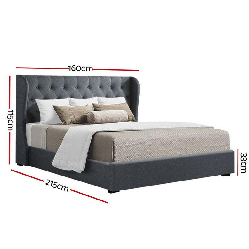 Elouera Queen Bed Frame With Gas Lift Storage Charcoal featuring tufted headboard and padded faux linen upholstery with dimensions shown
