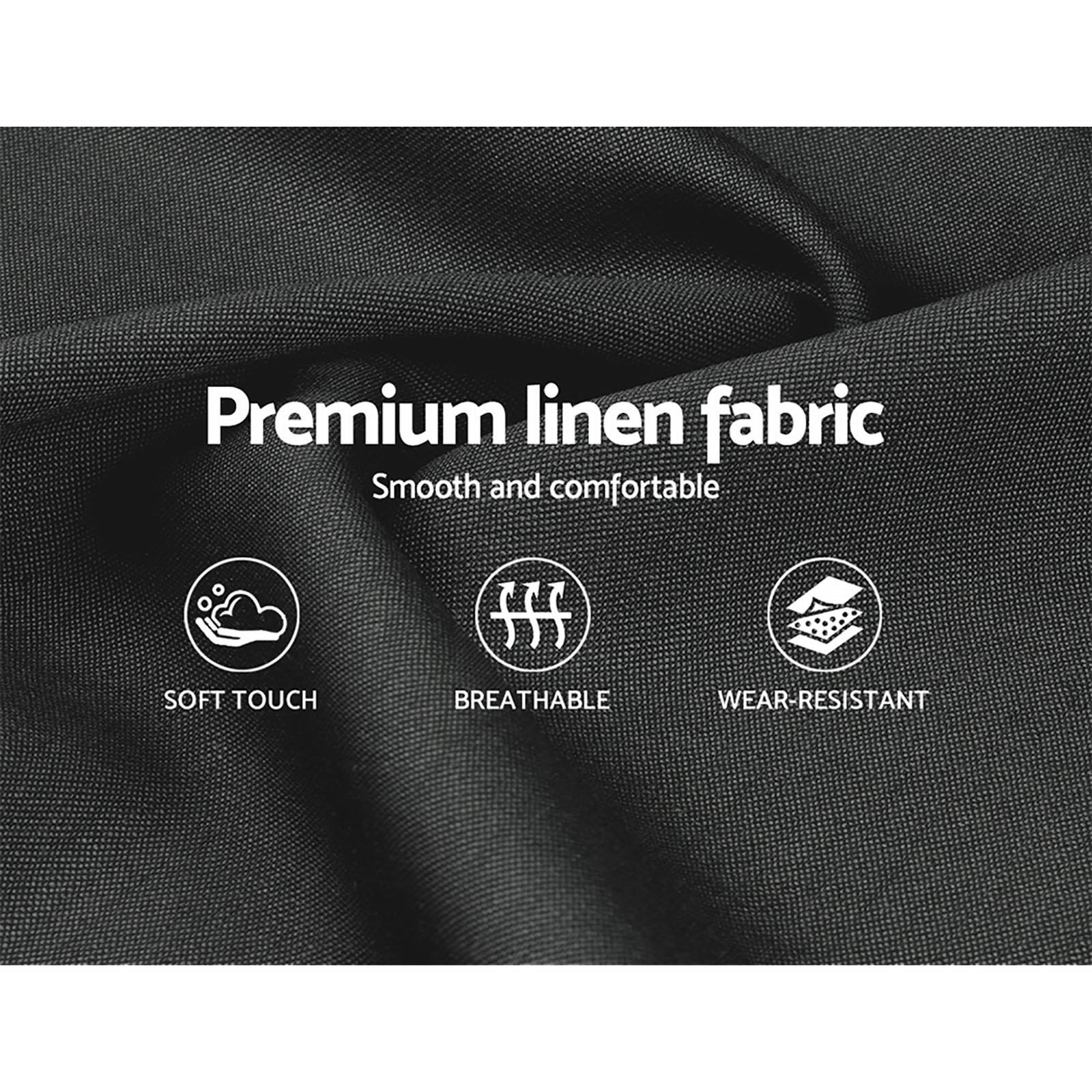 Close-up of premium linen fabric highlighting soft touch, breathable and wear-resistant features for Elouera Queen Bed Frame With Gas Lift Storage Charcoal