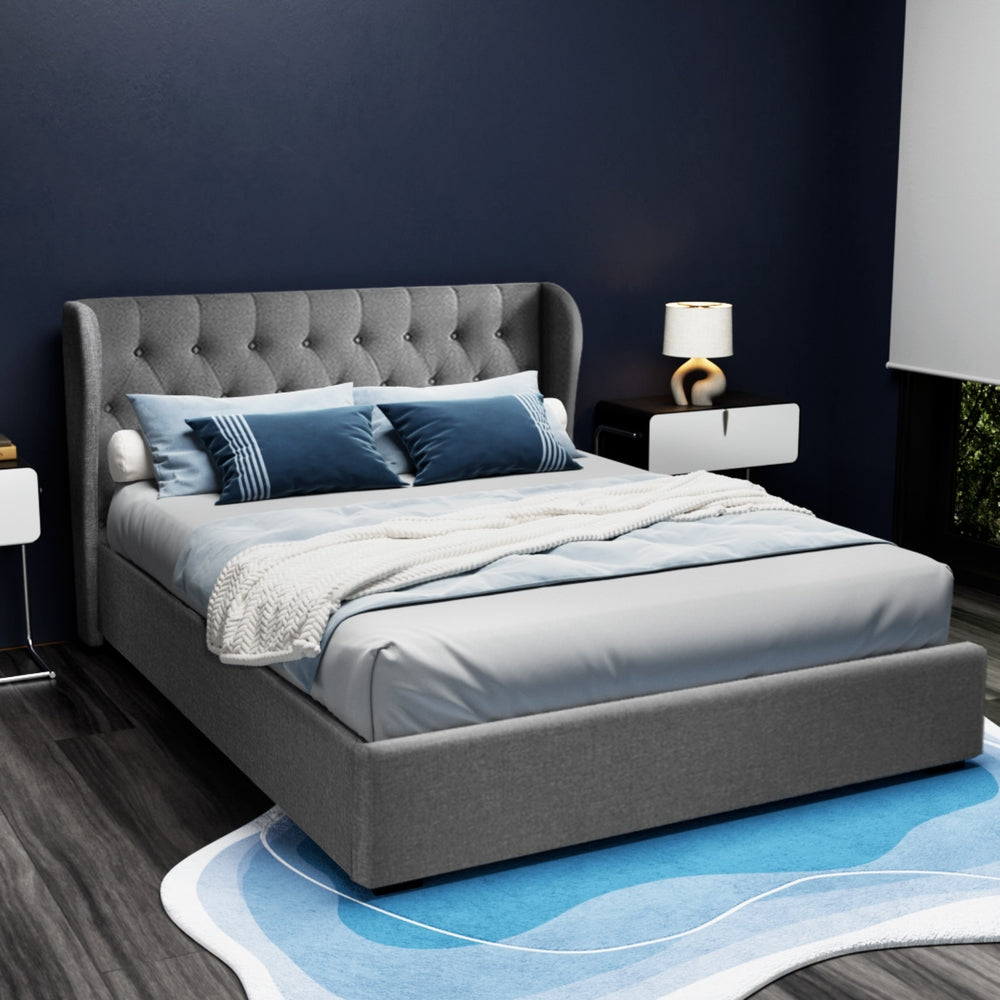 Elouera Queen Bed Frame With Gas Lift Storage Grey with tufted headboard, upholstered in grey fabric, styled in modern bedroom setting