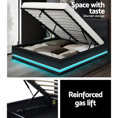 Henley Double Gas Lift Storage Bed Frame with LED Lights – Black