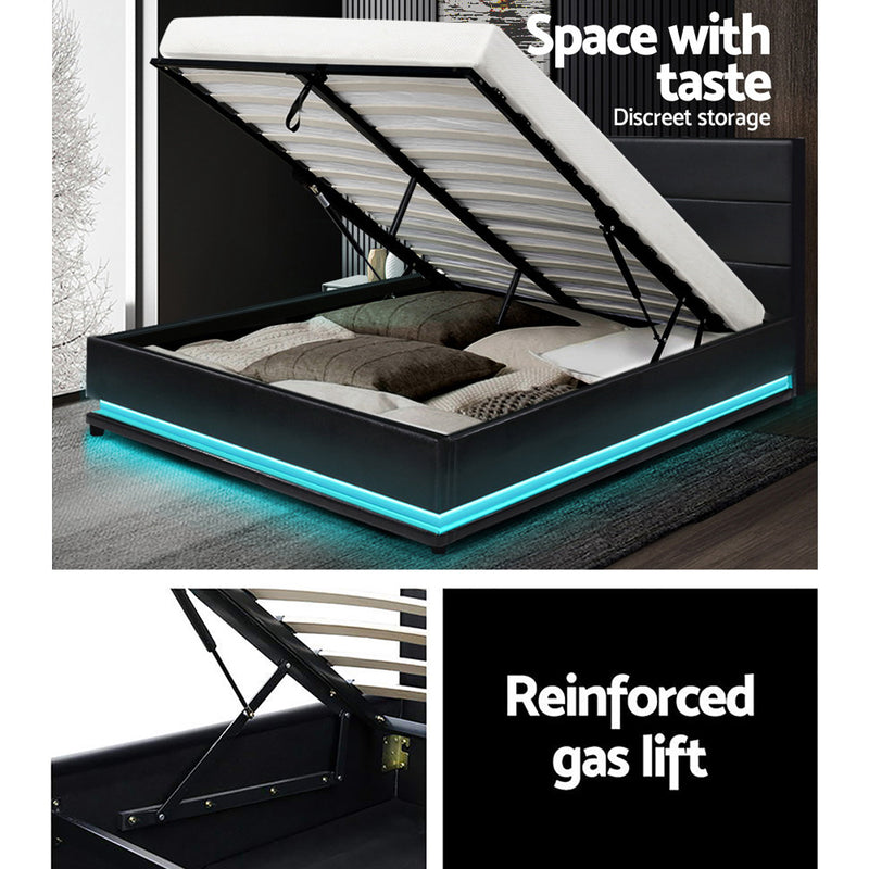 Henley Double Gas Lift Storage Bed Frame with LED Lights – Black-7