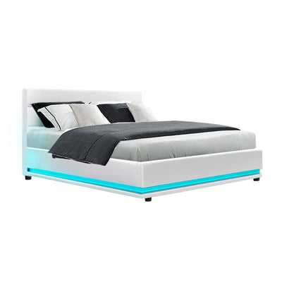 Henley Double Gas Lift Storage Bed Frame with LED Lights – White