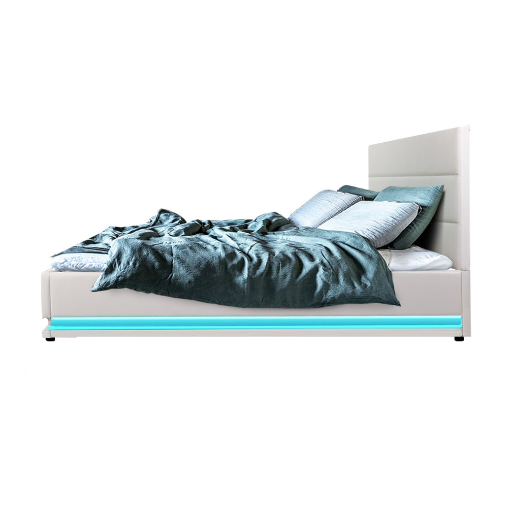 Henley Double Gas Lift Storage Bed Frame with LED Lights – White