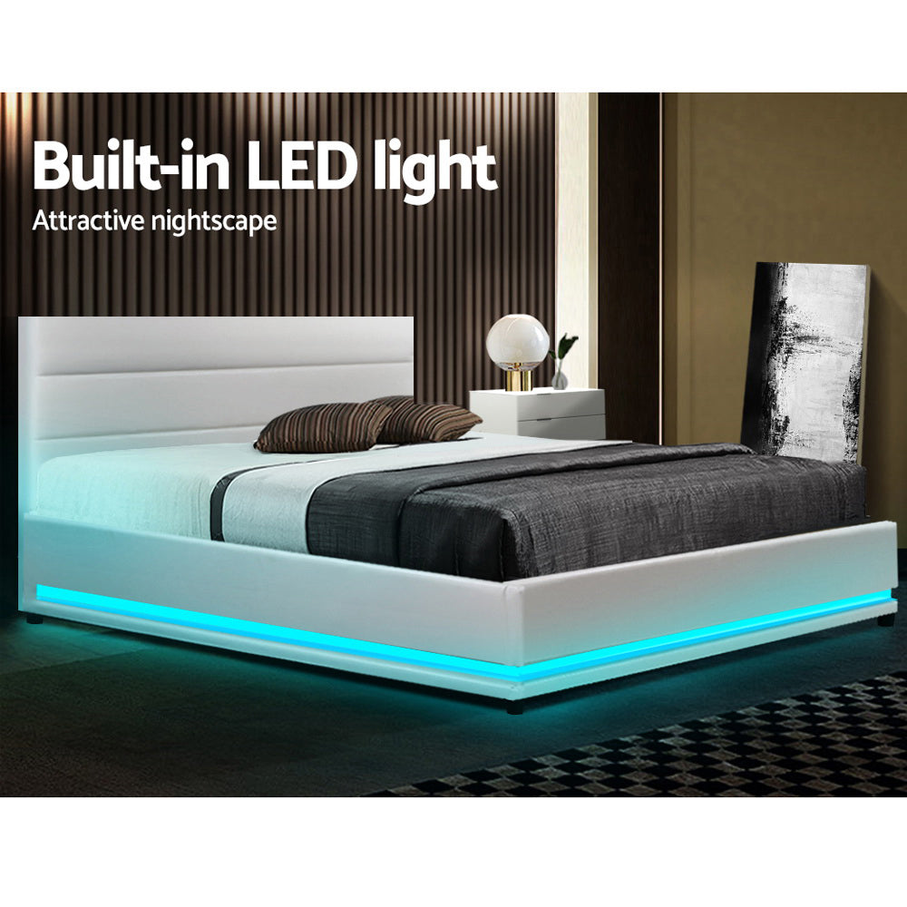 Henley Double Gas Lift Storage Bed Frame with LED Lights – White