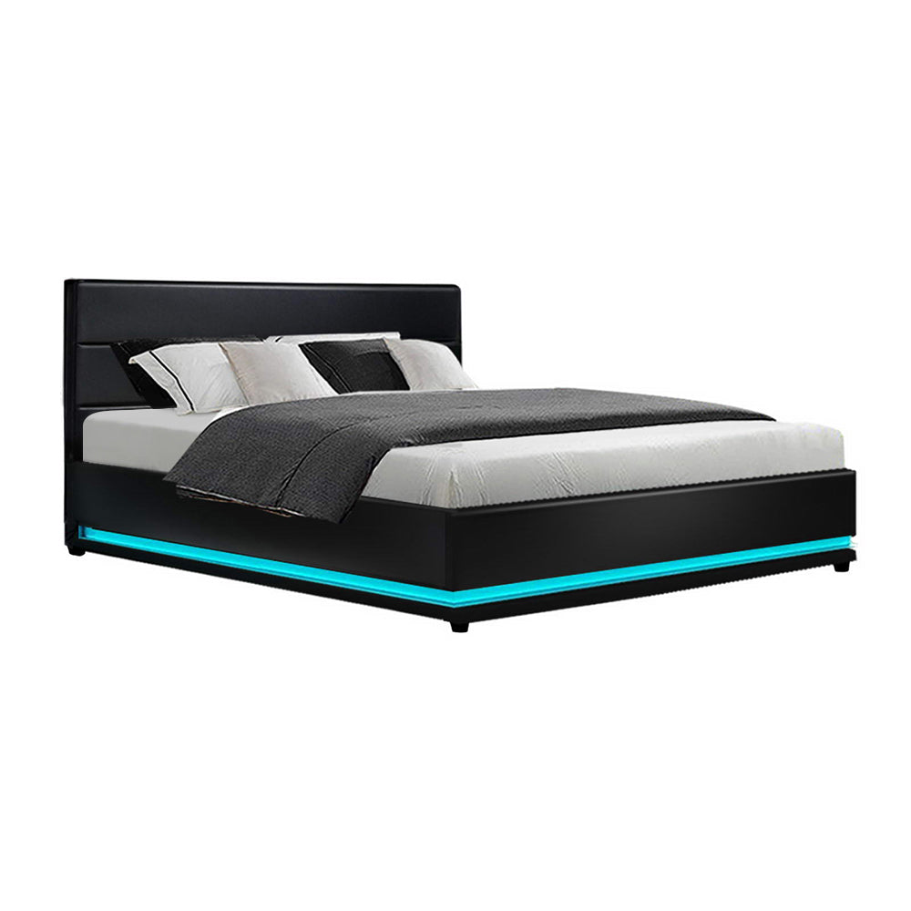 Henley King Gas Lift Storage Bed Frame with LED Lights – Black, black PVC leather with blue LED underlighting and plush bedding