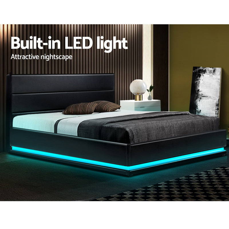 Henley King Gas Lift Storage Bed Frame with LED Lights – Black upholstered bed with blue LED lighting in modern bedroom setting