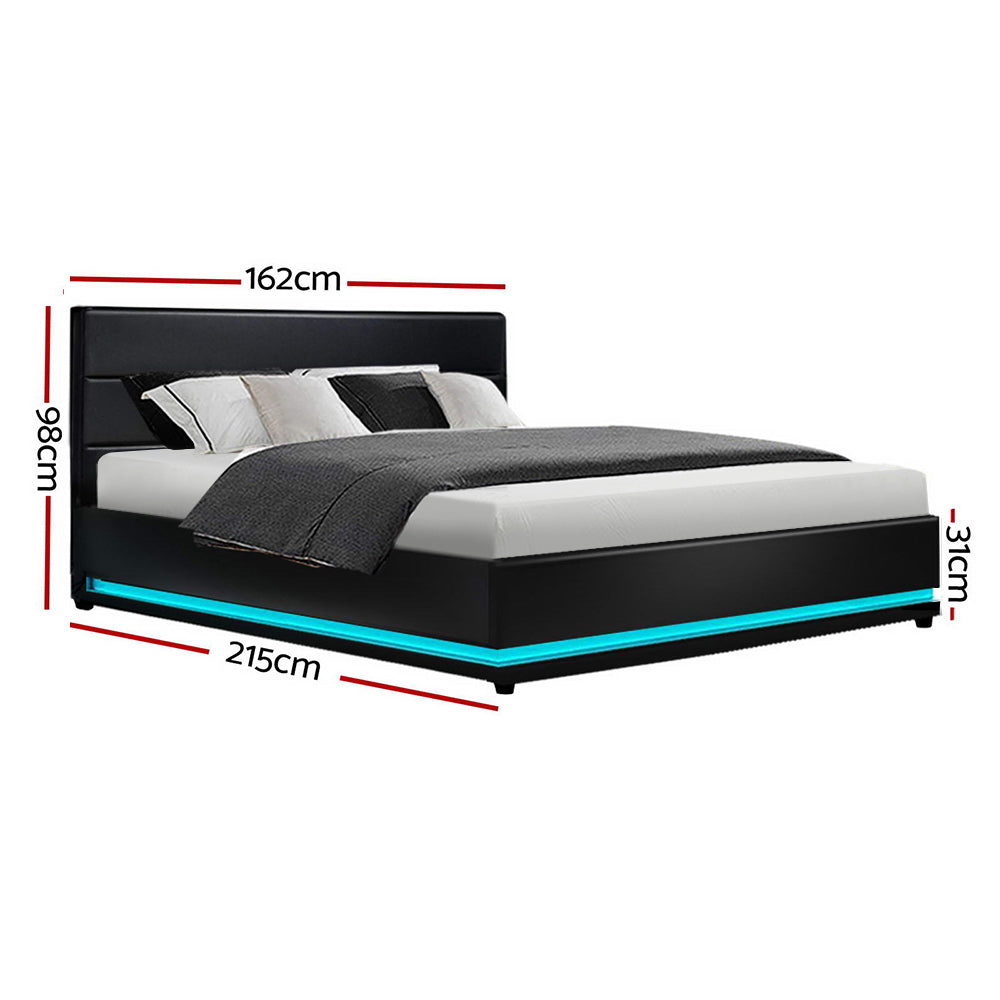 Henley Queen Gas Lift Storage Bed Frame with LED Lights – Black, upholstered, with LED underlighting and storage lift mechanism