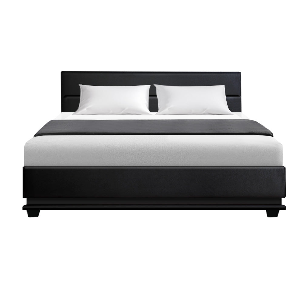 Henley Queen Gas Lift Storage Bed Frame with LED Lights – Black upholstered in smooth black with white bedding on white background