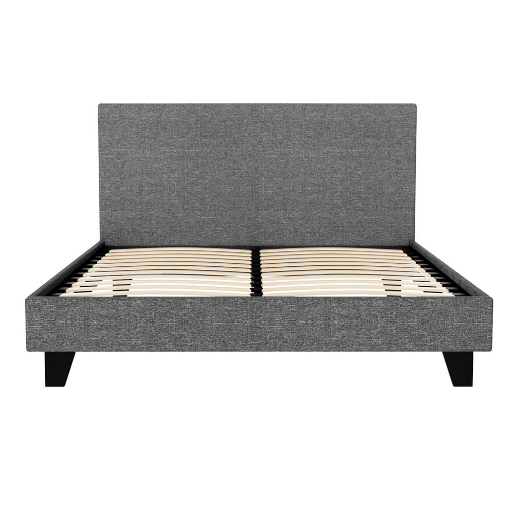 Coogee Double Bed Frame Grey with upholstered headboard, wooden slats, and sturdy black legs in modern bedroom furniture style