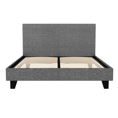 Coogee Double Bed Frame Grey with upholstered headboard, wooden slats, and sturdy black legs in modern bedroom furniture style