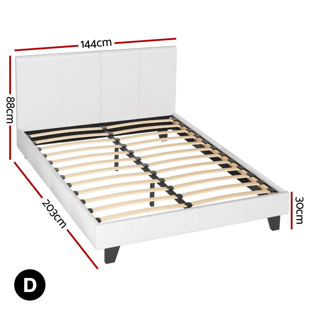 Coogee Double Bed Frame White with PVC leather upholstery, wooden slats, and modern design for bedroom furniture.