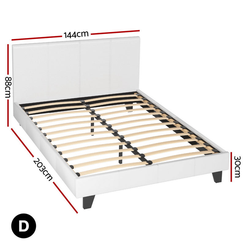 Coogee Double Bed Frame White with PVC leather upholstery, wooden slats, and modern design for bedroom furniture.
