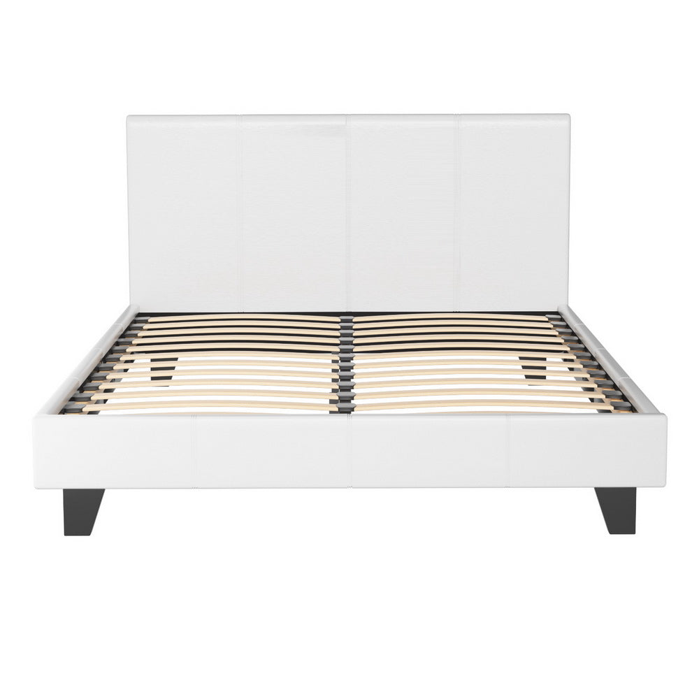 Coogee Double Bed Frame White with premium PVC leather upholstery, wooden slats, and black tapered legs on white background