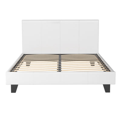 Coogee Double Bed Frame White with premium PVC leather upholstery, wooden slats, and black tapered legs on white background