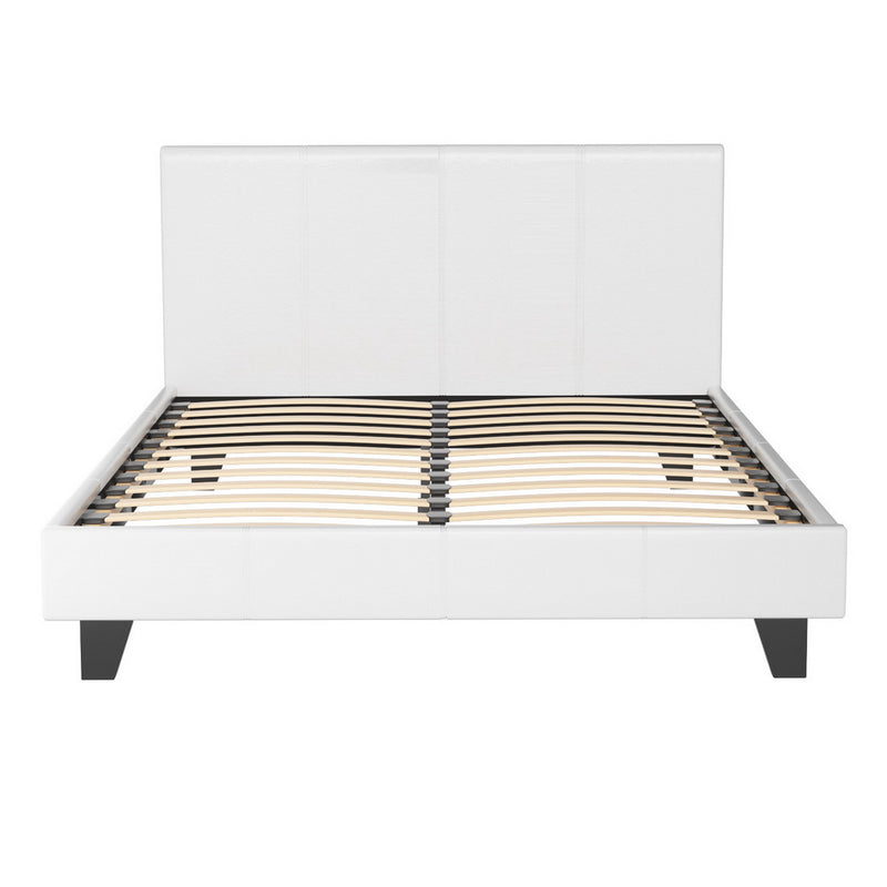 Coogee Double Bed Frame White with premium PVC leather upholstery, wooden slats, and black tapered legs on white background