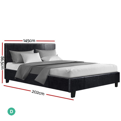 Coogee Double Bed Frame Black with black PVC leather upholstery, padded headboard, and modern design in bedroom setting