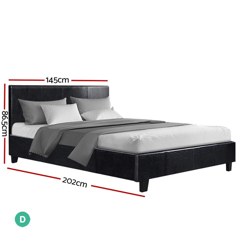 Coogee Double Bed Frame Black with black PVC leather upholstery, padded headboard, and modern design in bedroom setting