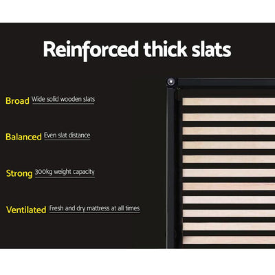 Close-up of reinforced thick wooden slats on Coogee Double Bed Frame Black, highlighting durability and balanced spacing.