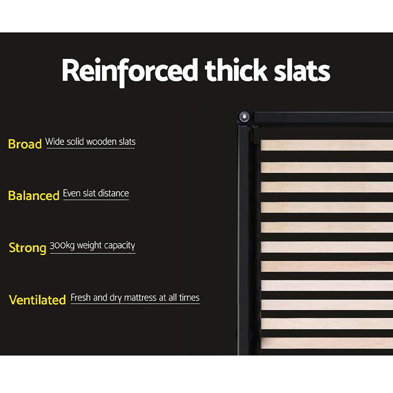 Close-up of reinforced thick wooden slats on Coogee Double Bed Frame Black, highlighting durability and balanced spacing.