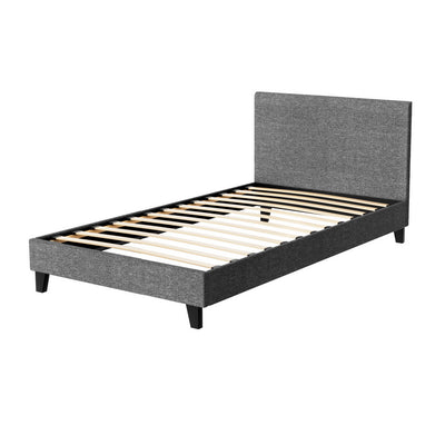 Coogee King Single Bed Frame Grey with faux linen upholstery, wooden slats, and sturdy black legs in bedroom furniture style