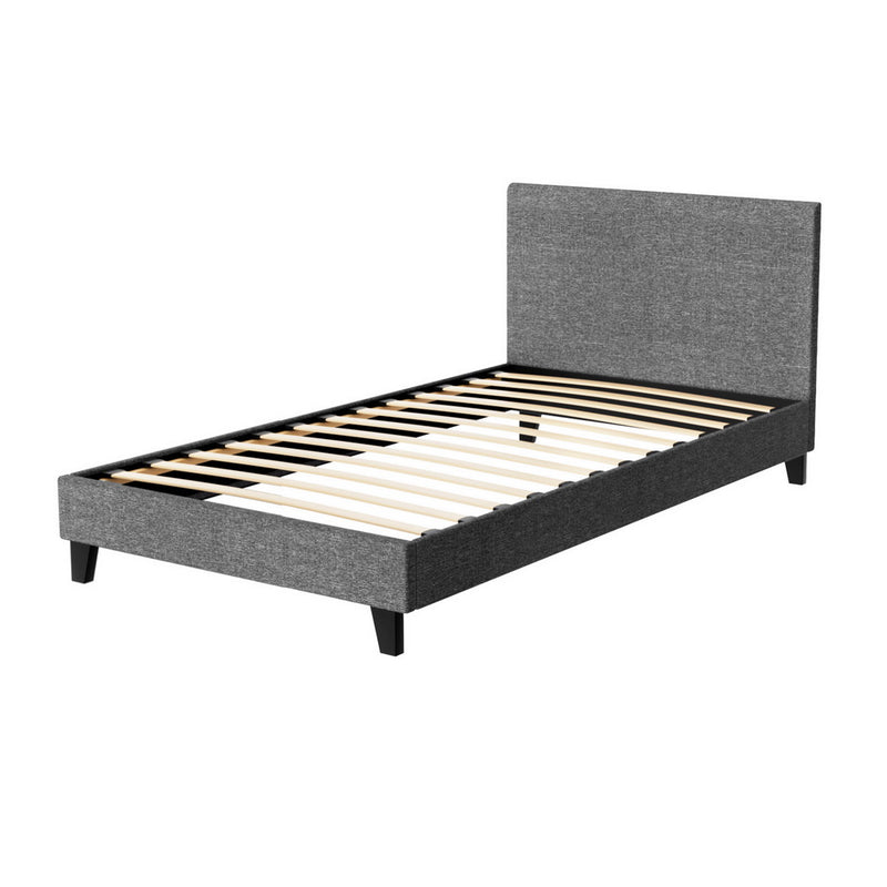 Coogee King Single Bed Frame Grey with faux linen upholstery, wooden slats, and sturdy black legs in bedroom furniture style